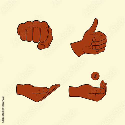 Collection human hand various gestures sketch thumbs up knuckles outline