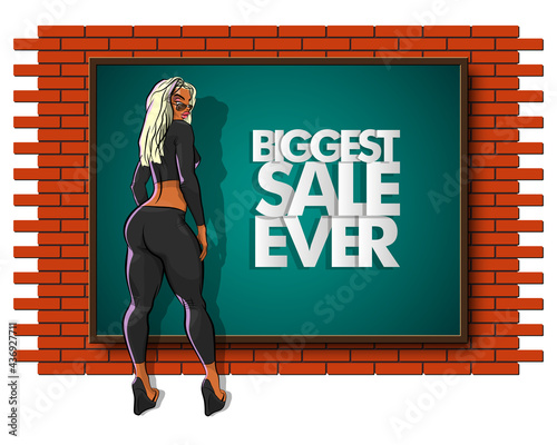 Slim girl on the background "Biggest sale ever" banner. Sexy woman in front of school board banner. Elegant lady on the background sale advertising poster. Advertising discount sale poster