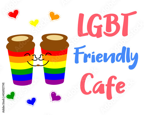 LGBT friendly cafe. Rainbow drink. Concept for Pride Month. Colorful cartoon vector illustration.