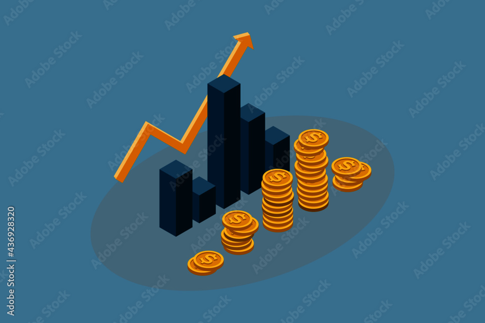 Stack of coins with line chart and bar chart concept for growth investing. isolated vector. Stack of coins with line chart and bar chart concept for growth investing. isolated vector.
