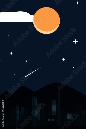 Night town city vector illustration. Dark urban scape. Full moon night. Night cityscape in flat style.
