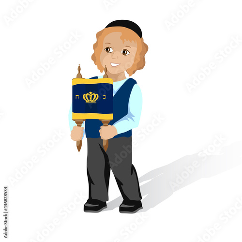 A Jewish boy with a Torah scroll. Clip art for Jewish holiday Simchat Torah.