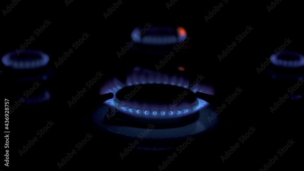 Natural burning gas from the kitchen gas stove in the dark slow motion. the gas burners on the stove are burning Natural burning gas from the kitchen gas stove in the dark slow motion. the gas burners on the stove are burning