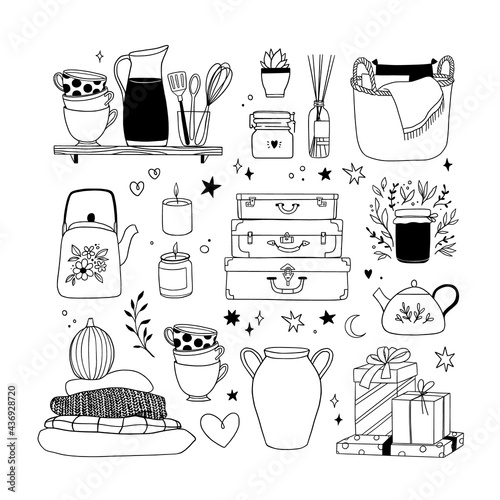 Hand drawn vector linear illustration - Set of home decor: candles, kitchen utensils, vase, gifts, ceramics. Scandinavian style. Cozy house. Hygge. Perfect for your brand logo, branding, stickers