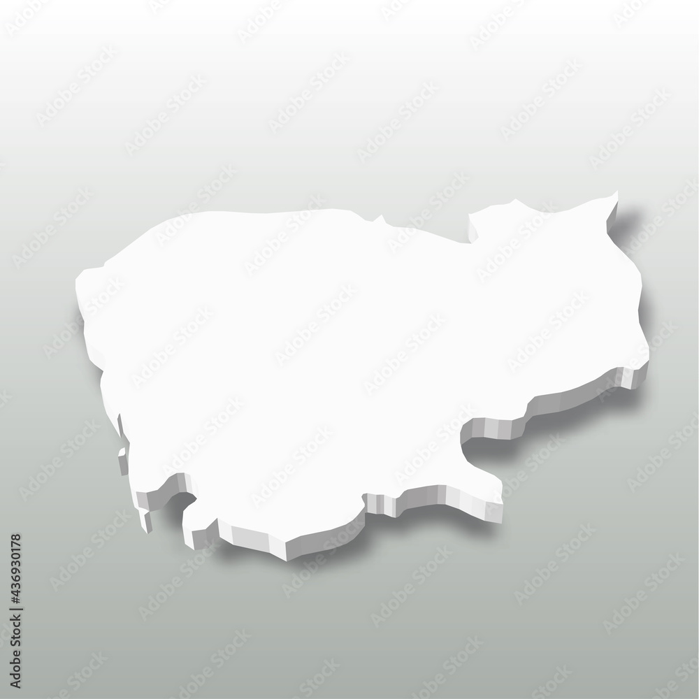 Cambodia - white 3D silhouette map of country area with dropped shadow on grey background. Simple flat vector illustration. Cambodia - white 3D silhouette map of country area with dropped shadow on grey background. Simple flat vector illustration.