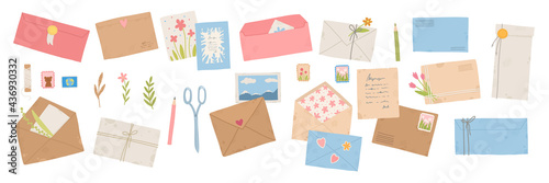 Collection of different envelopes with mail, postmarks and postcards vector flat, cartoon illustration. Set of various craft paper letters, stationery, sealing wax and handmade cards isolated on white