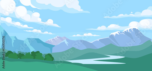 Mountain landscape with forest and water stream. Vector cartoon illustration of summer coniferous woods  brook  rocks and sun in blue sky with white clouds