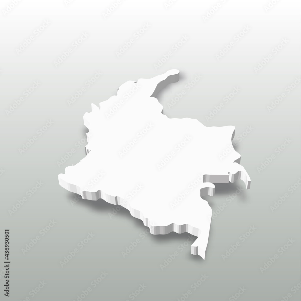 Colombia - white 3D silhouette map of country area with dropped shadow on grey background. Simple flat vector illustration.
