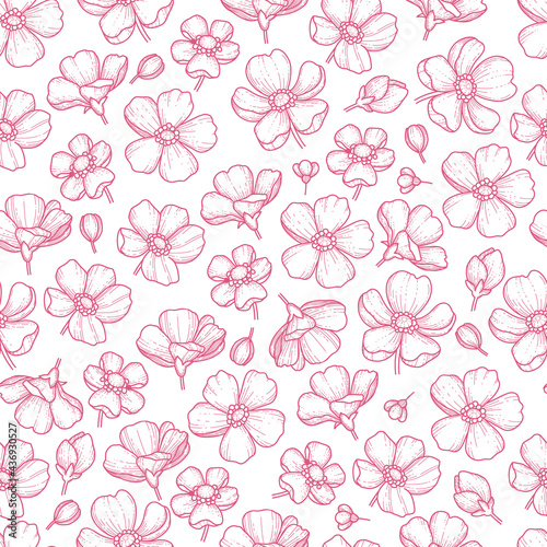 Vector seamless pattern with hand drawn twigs and sakura flowers on a white background. Cherry blossoms. wedding pattern, floral pattern for printing on fabric, clothing, wrapping paper