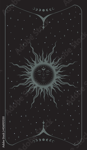 Magical dark vector background. Esoteric sketch tattoo boho sun with face, surrounded stars. Mystical retro banner with frame including the moon phases