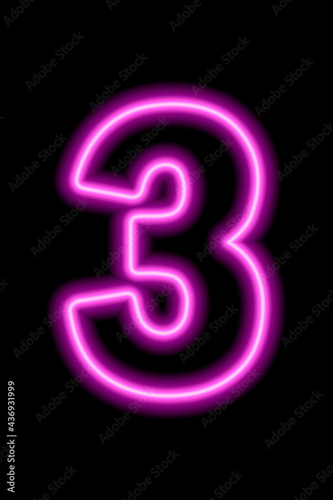 Neon pink number 3 on black background. Serial number, price, place Neon pink number 3 on black background. Serial number, price, place