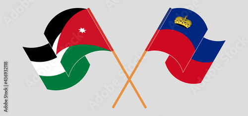 Crossed and waving flags of Jordan and Liechtenstein