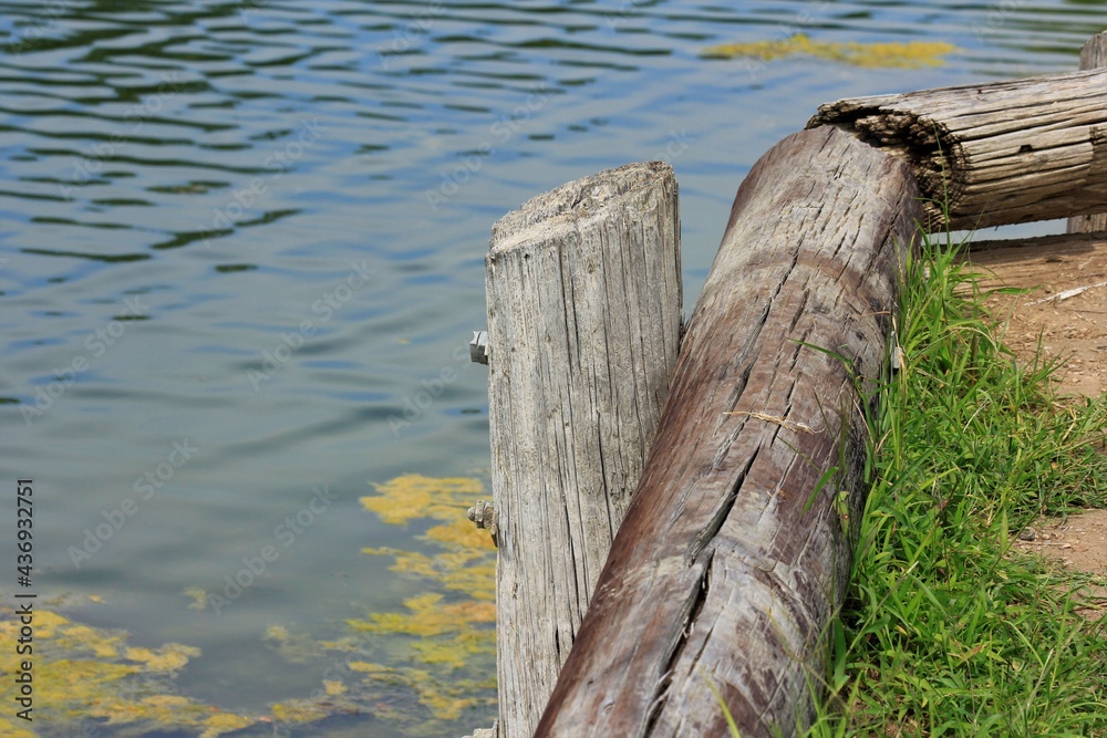Posts at Sterling Lake on the Island to hold up the dirt with green grass and blue water with moss in Sterling Kansas USA. Posts at Sterling Lake on the Island to hold up the dirt with green grass and blue water with moss in Sterling Kansas USA.