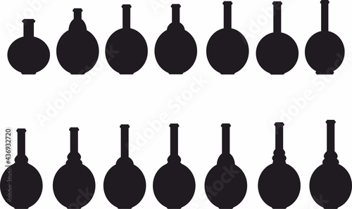 Wine bottle set, icon and logo, simple black graphic silhouette 
