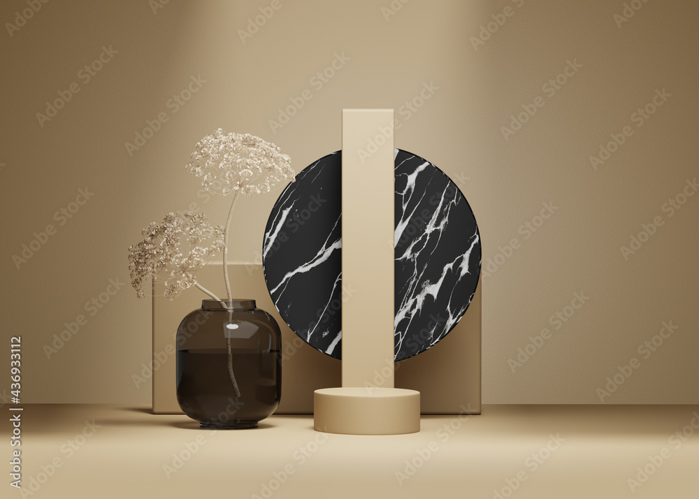 Fototapeta 3D background, nude beige pedestal podium. Natural dry plant and shadow on pastel nude. Cosmetic product promotion Beauty black marble stone display. Studio Minimal showcase 3D render advertisement.