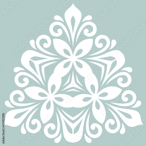 Oriental triangular white pattern with arabesques and floral elements. Traditional classic ornament. Vintage pattern with arabesques