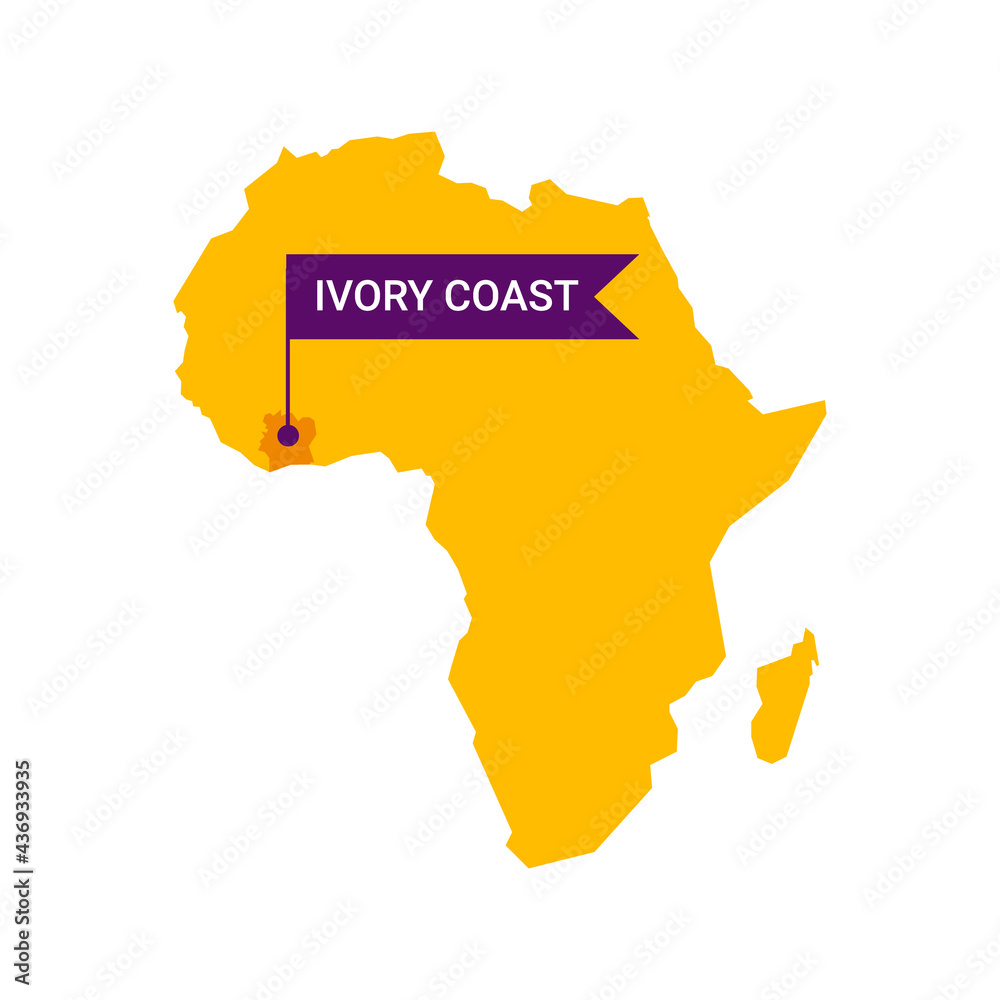 Obraz premium Ivory Coast on an Africa s map with word Ivory Coast on a flag-shaped marker.