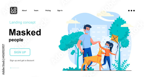 Masked people web concept. Father and daughter in masks walk dog in park, coronavirus epidemic. Template of people scenes. Vector illustration with character activities in flat design for website