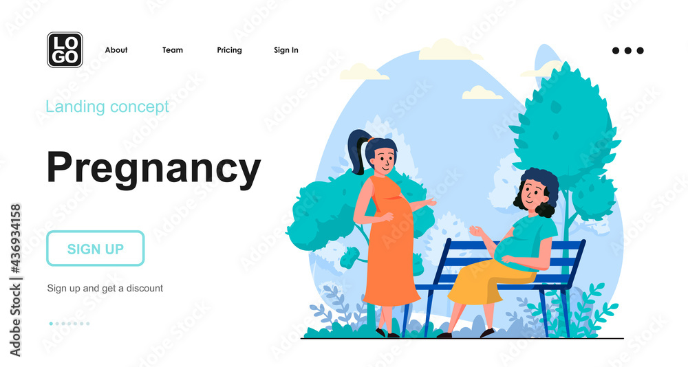 Pregnancy web concept. Pregnant women walk together in city park, motherhood and expecting newborn. Template of people scenes. Vector illustration with character activities in flat design for website