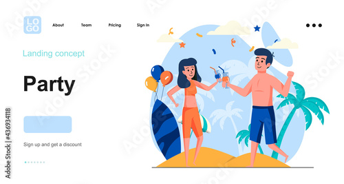 Party web concept. Couple having fun at beach party, celebrating holiday together, drinks at event. Template of people scenes. Vector illustration with character activities in flat design for website