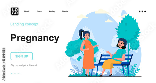 Pregnancy web concept. Pregnant women walk together in city park, motherhood and expecting newborn. Template of people scenes. Vector illustration with character activities in flat design for website