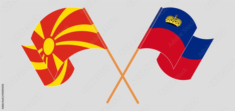 Crossed and waving flags of North Macedonia and Liechtenstein Crossed and waving flags of North Macedonia and Liechtenstein