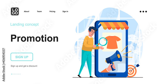 Promotion web concept. Man makes advertising campaign, attracts new customers on social networks. Template of people scenes. Vector illustration with character activities in flat design for website