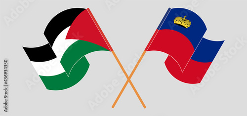 Crossed and waving flags of Palestine and Liechtenstein