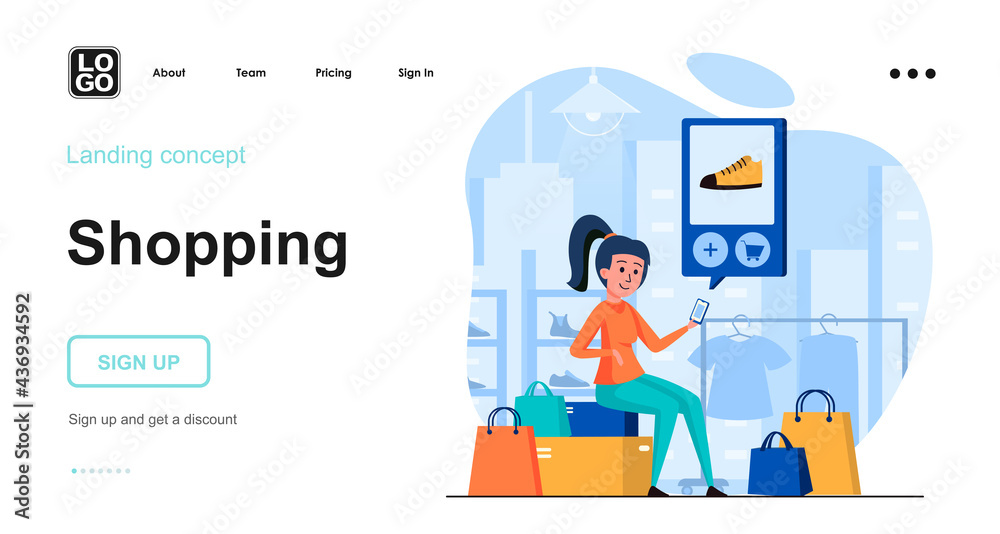 Shopping web concept. Woman buys shoes in store, online chooses order using mobile application. Template of people scenes. Vector illustration with character activities in flat design for website Shopping web concept. Woman buys shoes in store, online chooses order using mobile application. Template of people scenes. Vector illustration with character activities in flat design for website