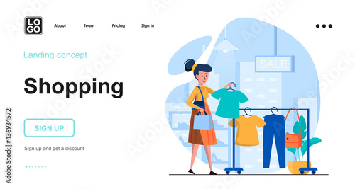 Shopping web concept. Woman buys clothes in store, customer makes purchases at sale discount price. Template of people scenes. Vector illustration with character activities in flat design for website