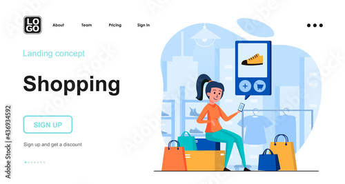 Shopping web concept. Woman buys shoes in store, online chooses order using mobile application. Template of people scenes. Vector illustration with character activities in flat design for website