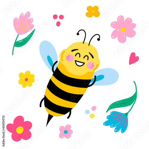 Vector illustration with cute cartoon bees and flowers on a white background. Children s illustration with bees for stickers  posters  postcards  packaging  clothing.