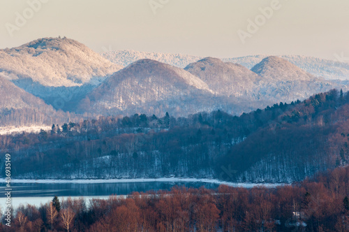 Solińskie Lake seen from the viewpoint in Polańczyk. Polanczyk, Solina, Bieszczady Mountains.