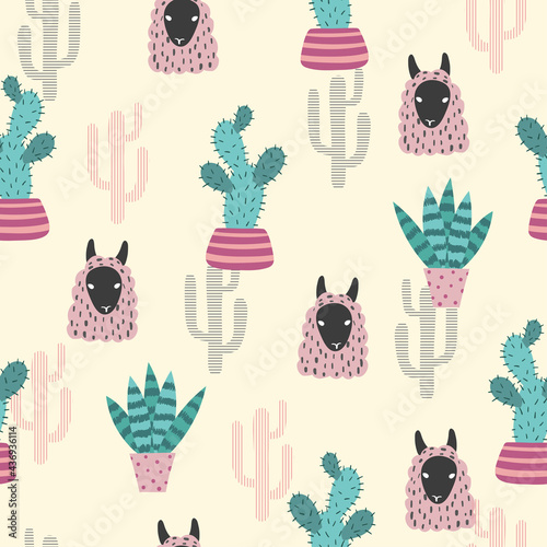 Seamless trendy pattern with cute llama and cactus. Vector abstract illustration