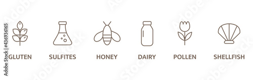 Allergen line icon big set. Organic and natural food labels. Allergy warning ingredients badges. Nut, corn, milk, honey, gluten mustard, gmo pollen, lactose fish,egg mollusk free. Vector illustration