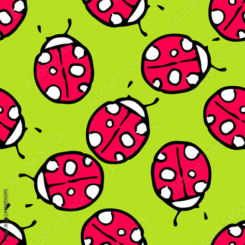 Vector seamless pattern of a red round beetle with white spots and small antennae and a black outline randomly placed on a green background. funny ladybug top view template for summer design template