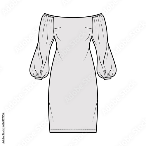 Dress off-the-shoulder Bardot technical fashion illustration with long puff sleeves, fitted body, knee length pencil skirt. Flat evening apparel front, grey color style. Women, men unisex CAD mockup