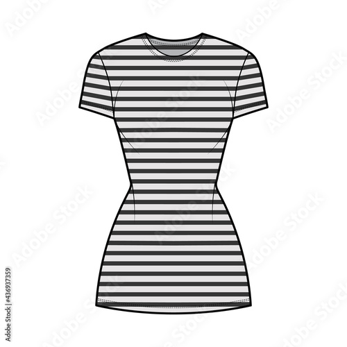 Dress sailor technical fashion illustration with stripes, short sleeves, fitted body, mini length pencil skirt. Flat apparel front, grey color style. Women, men unisex CAD mockup