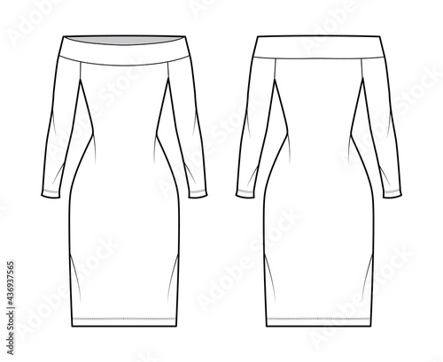Dress off-the-shoulder Bardot technical fashion illustration with long sleeves, fitted body, knee length pencil skirt. Flat apparel front, back, white color style. Women, men unisex CAD mockup