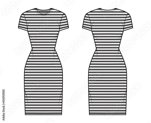 Dress sailor technical fashion illustration with stripes, short sleeves, fitted body, knee length pencil skirt. Flat apparel front, back, grey color style. Women, men unisex CAD mockup