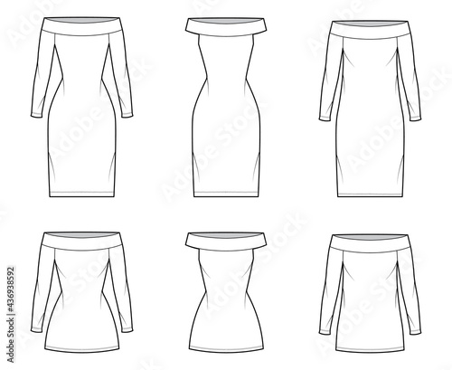 Set of Dresses shift chemise technical fashion illustration with long elbow short sleeve, oversized fitted body, knee mini length pencil skirt. Flat apparel front, white color. Women, men CAD mockup