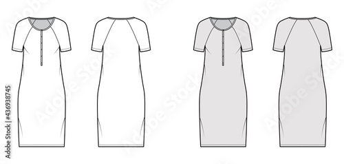 Dress henley collar technical fashion illustration with short raglan sleeves, oversized body, knee length pencil skirt. Flat apparel front, back, white, grey color style. Women, men unisex CAD mockup