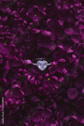 White gold engagement ring with a heart-shaped diamond lying among  dark purple lilac flowers. An elegant floral wedding background.