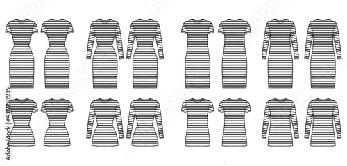 Set of Dresses sailor technical fashion illustration with stripes, long elbow short sleeve, knee mini length pencil skirt. Flat apparel front, back, white color style. Women, men unisex CAD mockup