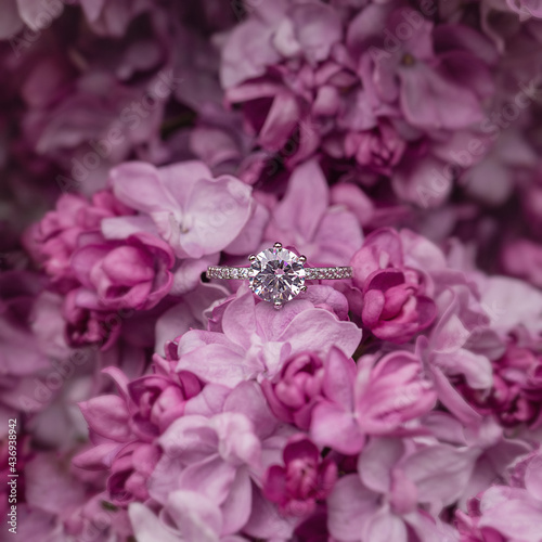 Bild auf Leinwand White gold engagement ring with a diamond lying among pink lilac flowers