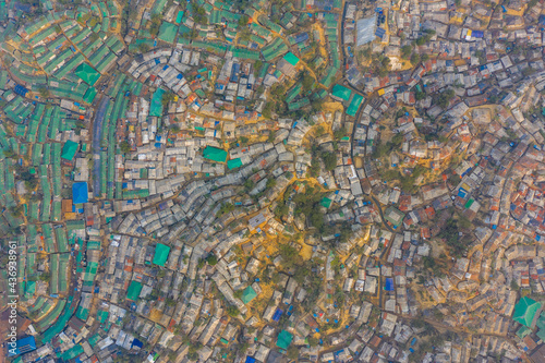 Aerial view of a huge refugee camp with makeshift houses near Myanmar border, Kutupalong Rohingya camp near Ukhia town, Bangladesh. photo