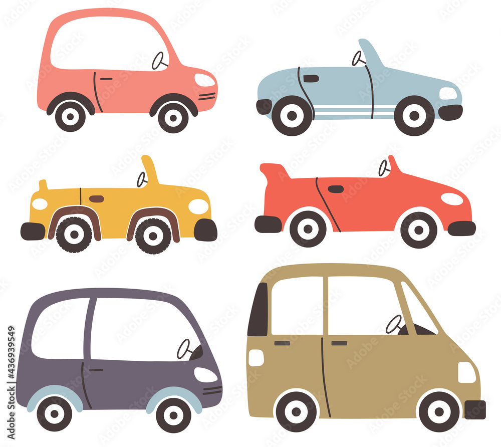 Cute cars set collection isolated for design children clothing and decoration