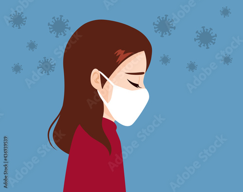 Depressed young woman wearing medical face mask covering. Coronavirus mental health pandemic concept