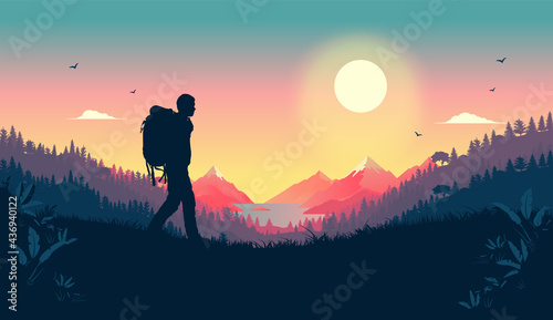 Loving nature walk - Silhouette of man walking with backpack in landscape with sea, mountains and forest in background. Stress reduction and solitude concept. Vector illustration.