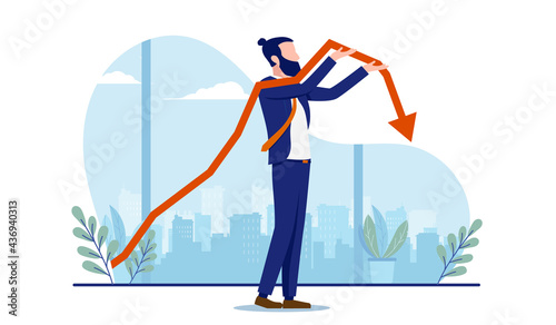 Business arrow pointing down - Corporate businessman holding falling graph showing financial trouble and crisis. Vector illustration with white background.